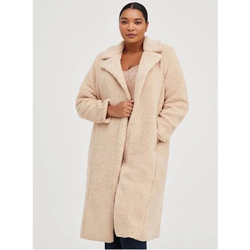 Torrid Brand New Tan Long Sherpa Coat Contemporary Pockets Casual Office Event